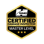HAAG Certified Damage Inspector Master Level badge with gold and black design and three stars