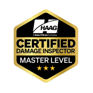 HAAG Certified Damage Inspector Master Level badge with gold and black design and three stars