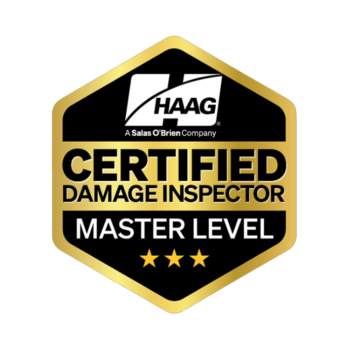HAAG Certified Damage Inspector Master Level badge with gold and black design and three stars