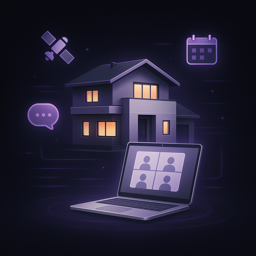 Modern house with glowing windows, a laptop showing a video call, and icons for satellite, messaging, and calendar scheduling