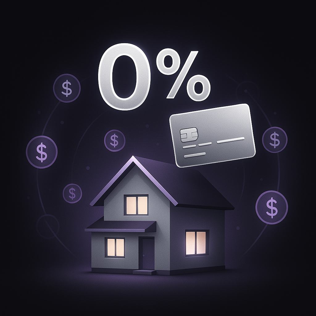 Cartoon house surrounded by dollar signs, with a floating 0% symbol and credit card, representing financing options