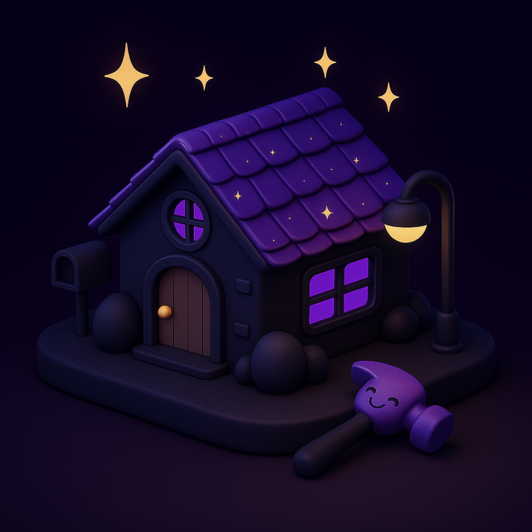 Cartoon house with a glowing roof under sparkling stars, resting beside a smiling purple hammer