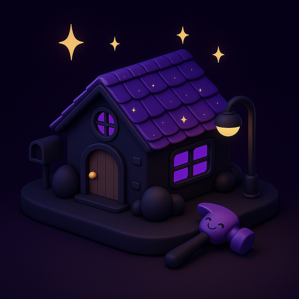 Cartoon house with a glowing roof under sparkling stars, resting beside a smiling purple hammer