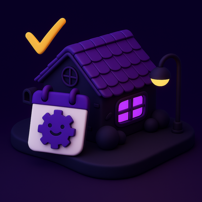 Cartoon house with glowing windows, a smiling roof maintenance calendar, and a large yellow checkmark above