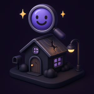 Cartoon house with roof and door cracks under a smiling magnifying glass, surrounded by sparkles