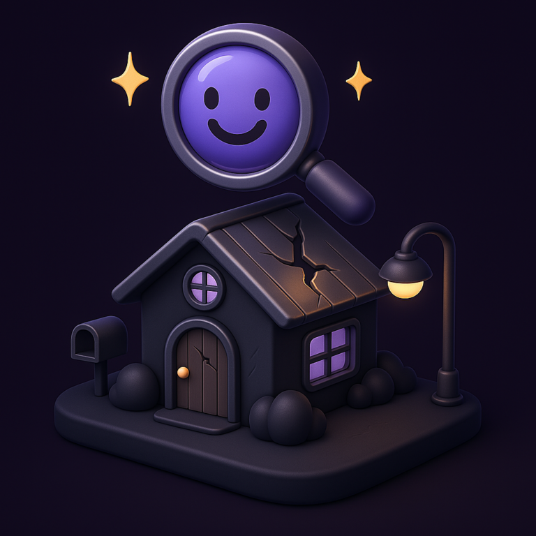 Cartoon house with roof and door cracks under a smiling magnifying glass, surrounded by sparkles