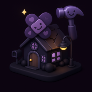 Cartoon house with roof damage patched by smiling bandages and a cheerful hammer floating nearby