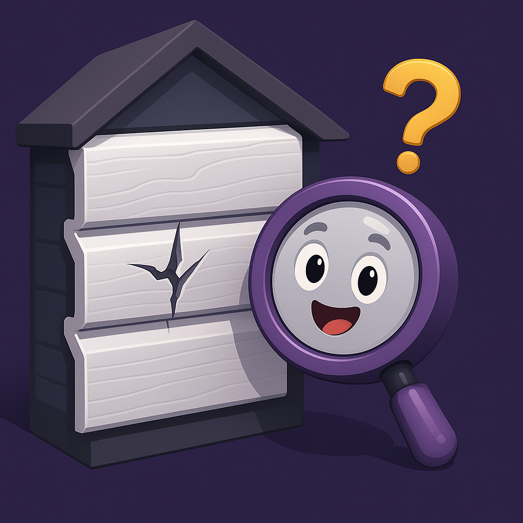 Smiling magnifying glass inspecting siding that's cracked with a yellow question mark overhead