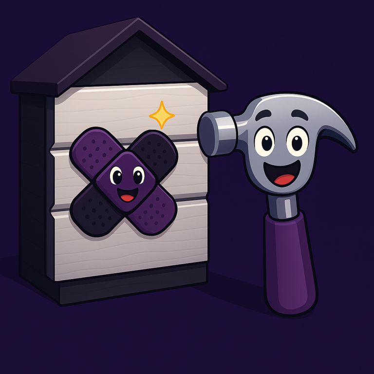 Cartoon hammer with a smiling face next to house siding repaired with a happy bandage, yellow sparkle above