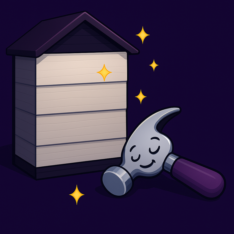 Cartoon hammer with a smiling face resting beside shimmering siding replacement