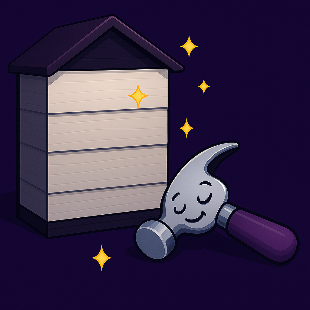 Cartoon hammer with a smiling face resting beside shimmering siding replacement