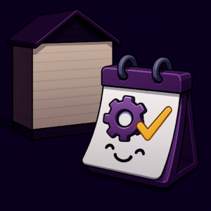 Smiling calendar with a gear and checkmark icon beside a house illustration