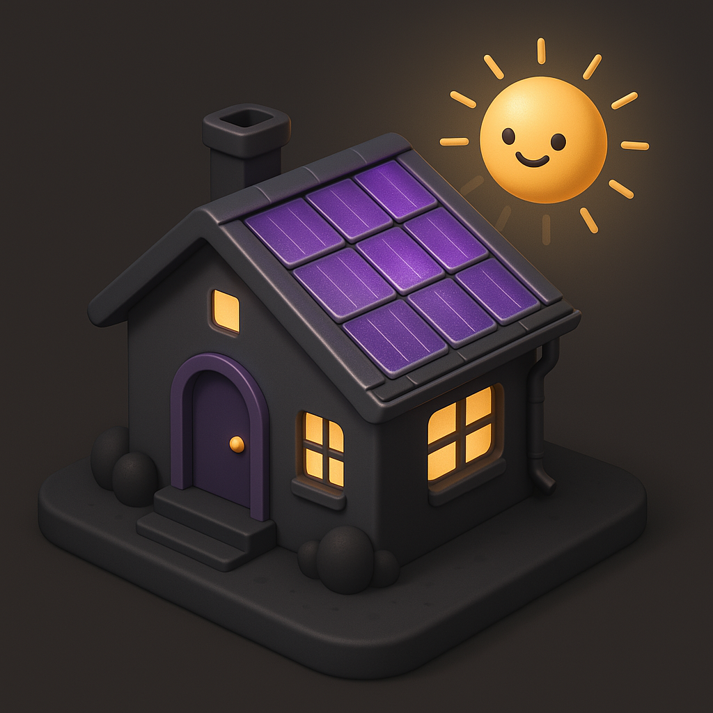 Cartoon house with glowing windows and purple solar shingles on the roof, smiling sun overhead