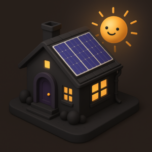 Cartoon house with solar panels on the roof and a smiling sun shining overhead