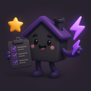 Cartoon house holding an energy audit checklist and purple lightning bolts, with a star floating nearby