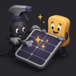 Cartoon spray bottle and sponge cleaning a sparkling solar panel together for solar panel maintenance
