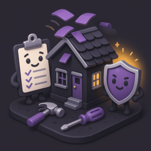Cartoon house with tools, a smiling checklist, and a shield symbolizing insurance restoration
