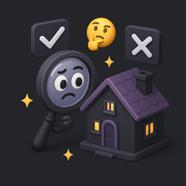Cartoon magnifying glass inspecting a house with a worried face, surrounded by checkmark, cross, and thinking face icons