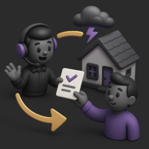Cartoon customer support agent helping a homeowner with their insurance claim paperwork, illustrated with arrows connecting a stormy house, the agent, and the homeowner