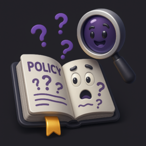 Cartoon policy book with a worried face and purple question marks, alongside a smiling magnifying glass