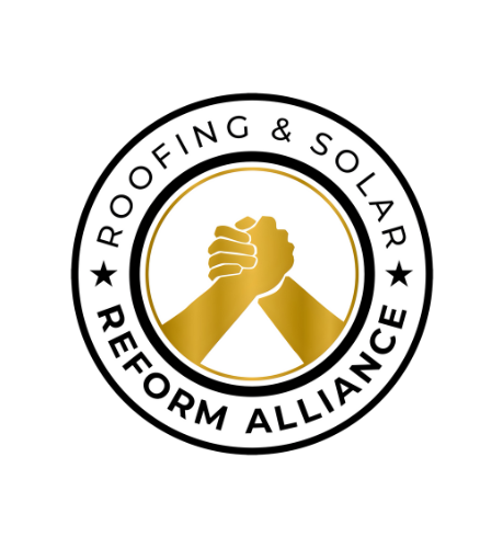 Roofing and Solar Reform Alliance badge with two hands clasped in solidarity