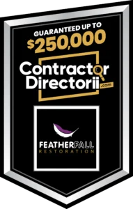 Contractor Directorii $250,000 guarantee badge featuring Featherfall Restoration logo