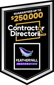 Contractor Directorii $250,000 guarantee badge featuring Featherfall Restoration logo