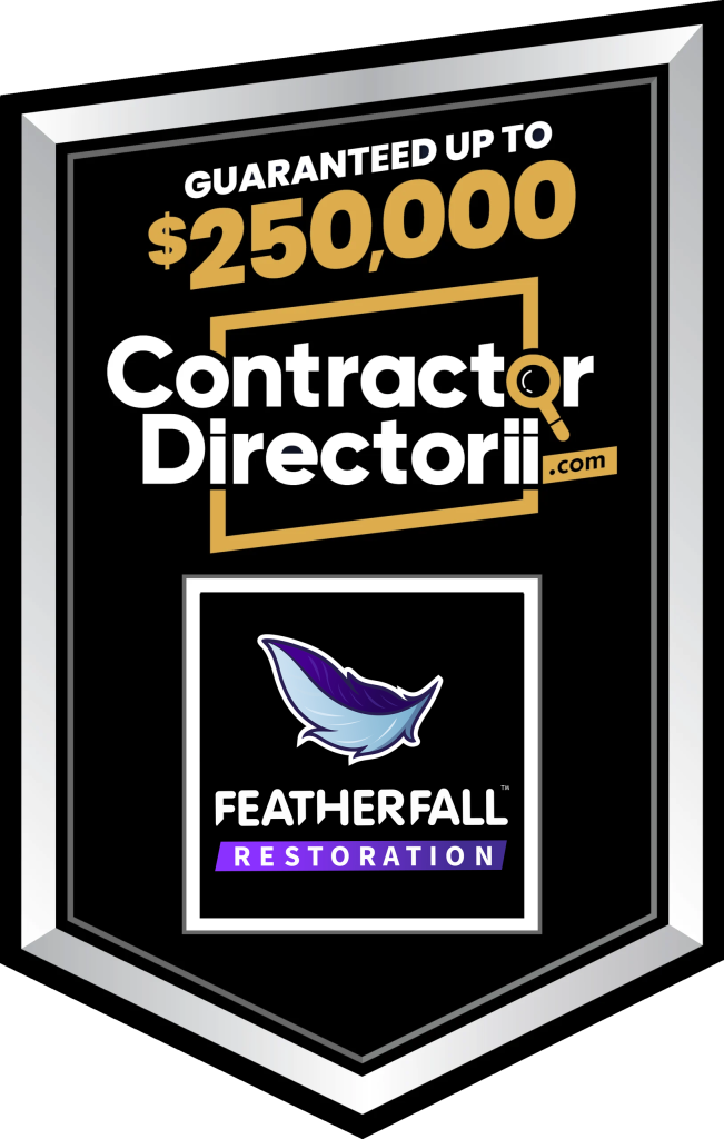 Contractor Directorii $250,000 guarantee badge featuring Featherfall Restoration logo